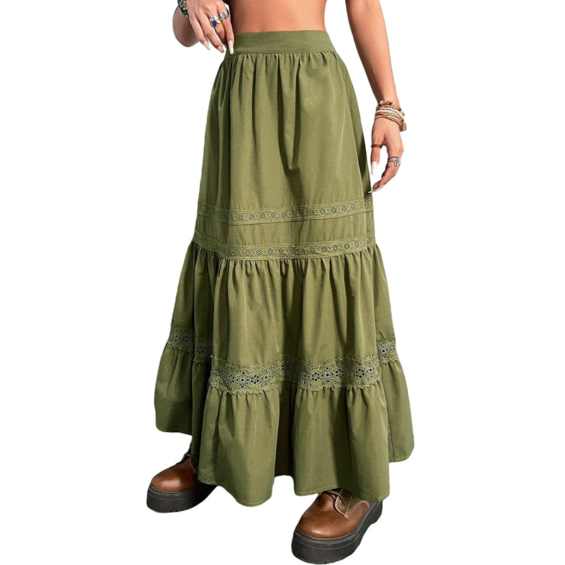Saias plissadas vintage verdes dos anos 90, boho, férias, cintura alta, saias longas, retrô, Y2K, Fairycore, roupas fofas com acabamento em renda