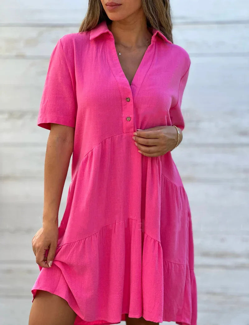 Vestido casual com lapela e babados, linha A, para férias na praia, solto, liso, de algodão e linho, manga curta