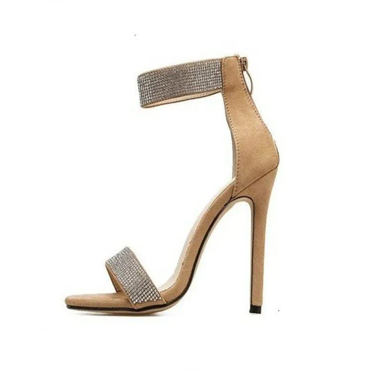 Sandálias femininas com tira no tornozelo, strass, salto alto fino, sandália gladiadora, faixa estreita, vestido de festa, sapatos de salto alto