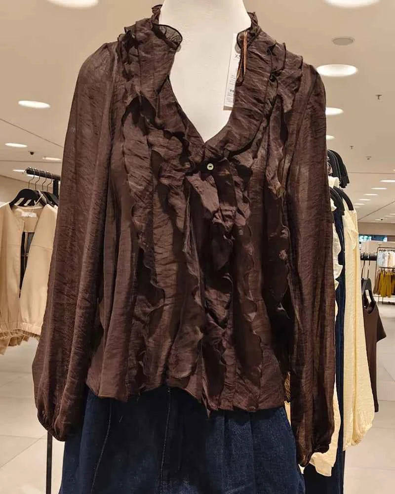 Women Shirt 2025 New Fashion Autumn Long Sleeve Layered Decorative Blouse for Women Casual Chic V-neck Ladies Top