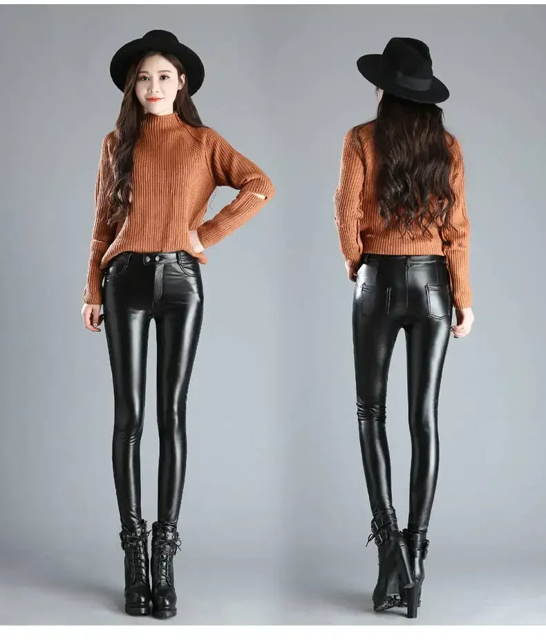Calças de couro sintético de caxemira femininas outono/inverno 2024, grossas e de lã, cintura alta, justas e quentes, leggings pretas