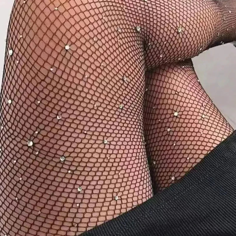 1 par de meias arrastão com strass para mulheres, pretas, sensuais, ultra brilhantes, cintura alta, leggings femininas para festa DS1155