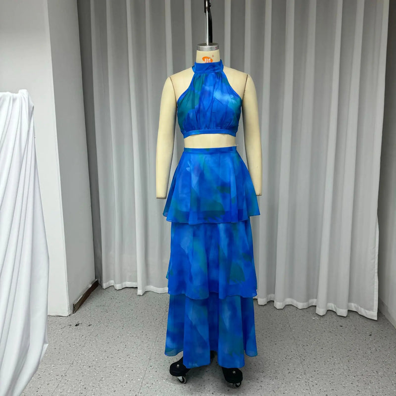 Cake Skirt Set Women Dress Sets Two Piece Sets Sexy Print Sleeveless Short Tops Elegant Splice High Waist A Line Long Skirts