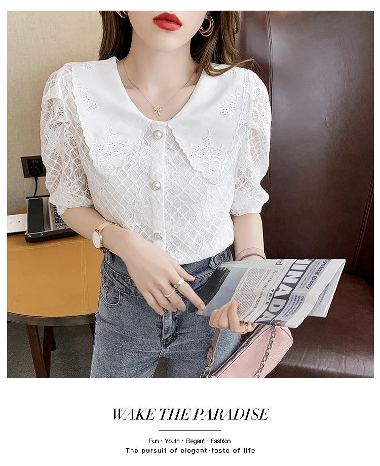 Vintage White Lace Shirts Women 2024 Elegant Fashion Summer Chiffon Blouses Korean Style Streetwear Sexy Puff Sleeve Tops Mujer