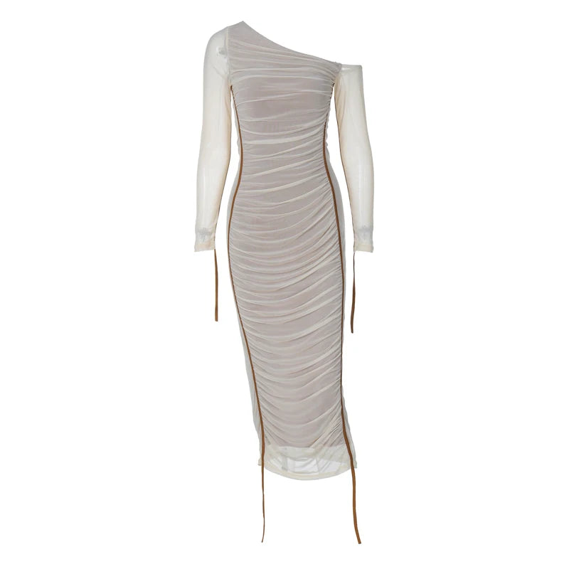 Hugcitar Mesh Solid Diagonal Collar Long Sleeve Draped Sexy See Through Bodycon Maxi Dress Summer Fashion Clothes Festival Club