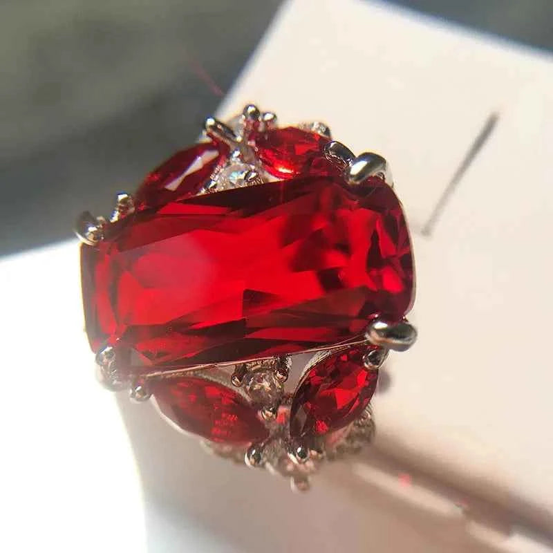 Fashion Female Real 925 Sterling Silver Jewelry Ring Have Stamp AAA Big Red CZ Stone Wedding Rings for Women Party