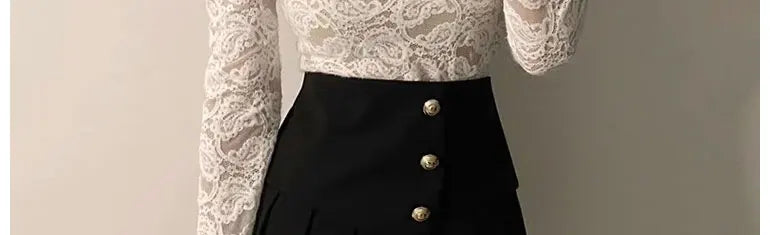 Fleece Lined Lace Base Shirt Women's Autumn Winter Hollow out Mesh Top Trendy Commute Style High Neck Long Sleeve  Color