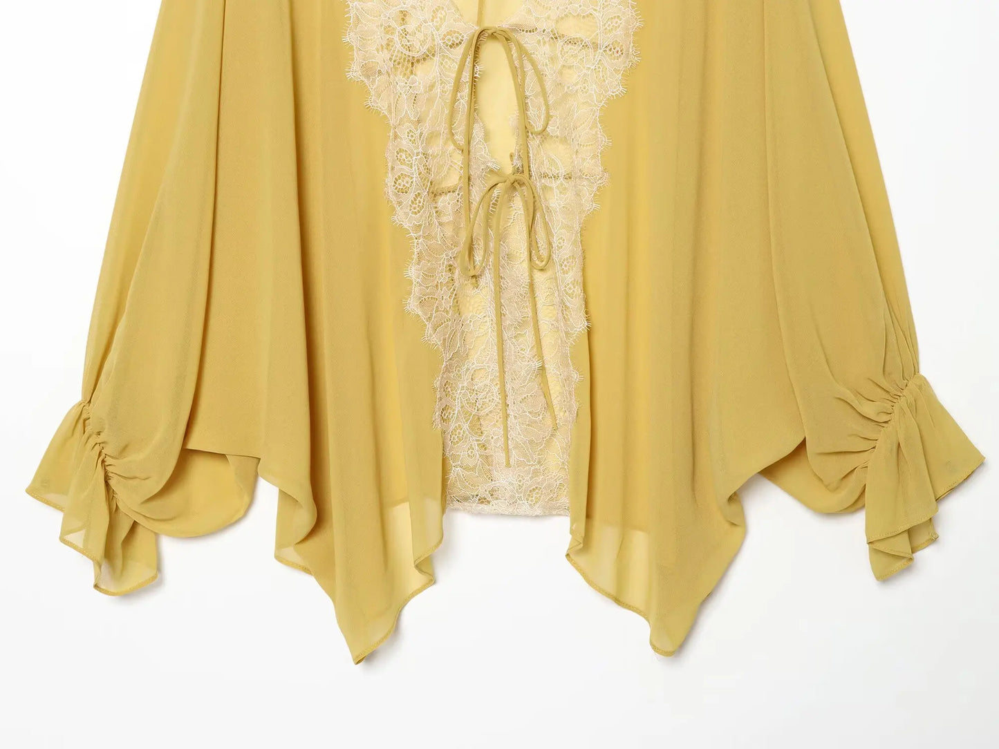TFMLN Women Lace Patchwork Lantern Long Sleeve Shirt Top Tie-up Loose Sheer Blouse Elegant Irregular High Street Fashion Lady
