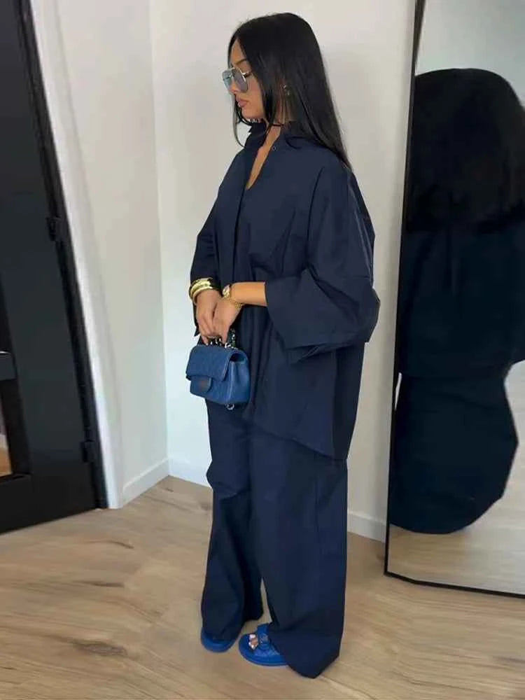 Lapel Short Sleeve Pocket Solid Color Shirt Pants Set Loose Fit Straight Leg Trouser 2026 Spring Casual Women Daily Outfit