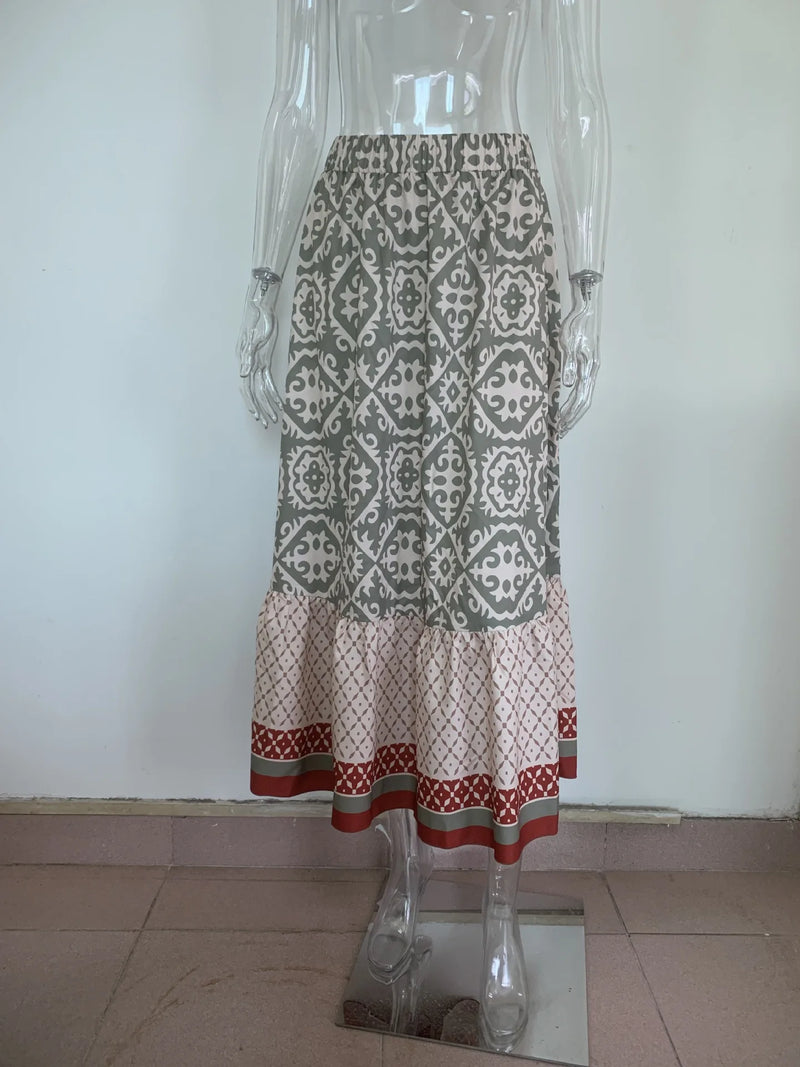 Saia maxi estampa boho feminina moda cintura alta impressão 3D vestido longo casual solto verão saias de cintura alta