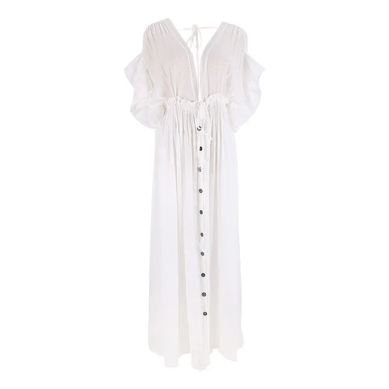 Blusa de biquíni com botões e cintura alta, saia longa, cardigan, jaqueta de praia para férias, proteção solar