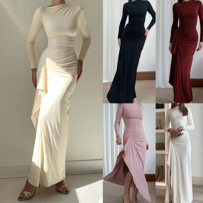 Elegant White Ruched Dresses Womens Long Sleeve Curvy Slit Evening Luxury Party Dress Winter Evening Black Gowns Red Prom Robe