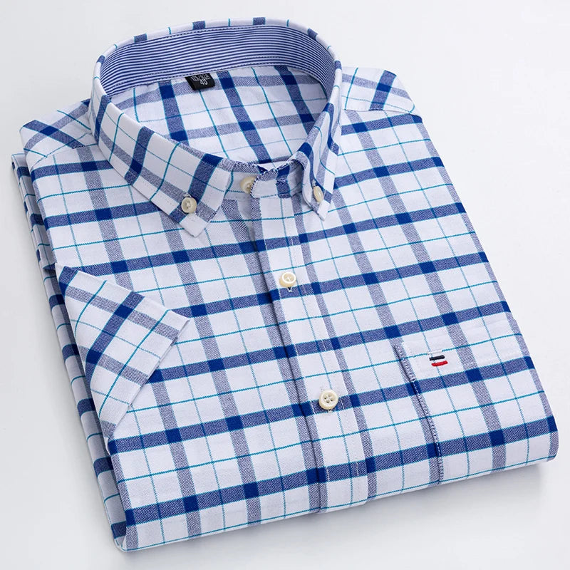Men's Pure Cotton Oxford Short Sleeve Summer Casual Shirts Comfortable Standard-fit Button-down Plaid Solid Color Cotton Shirt