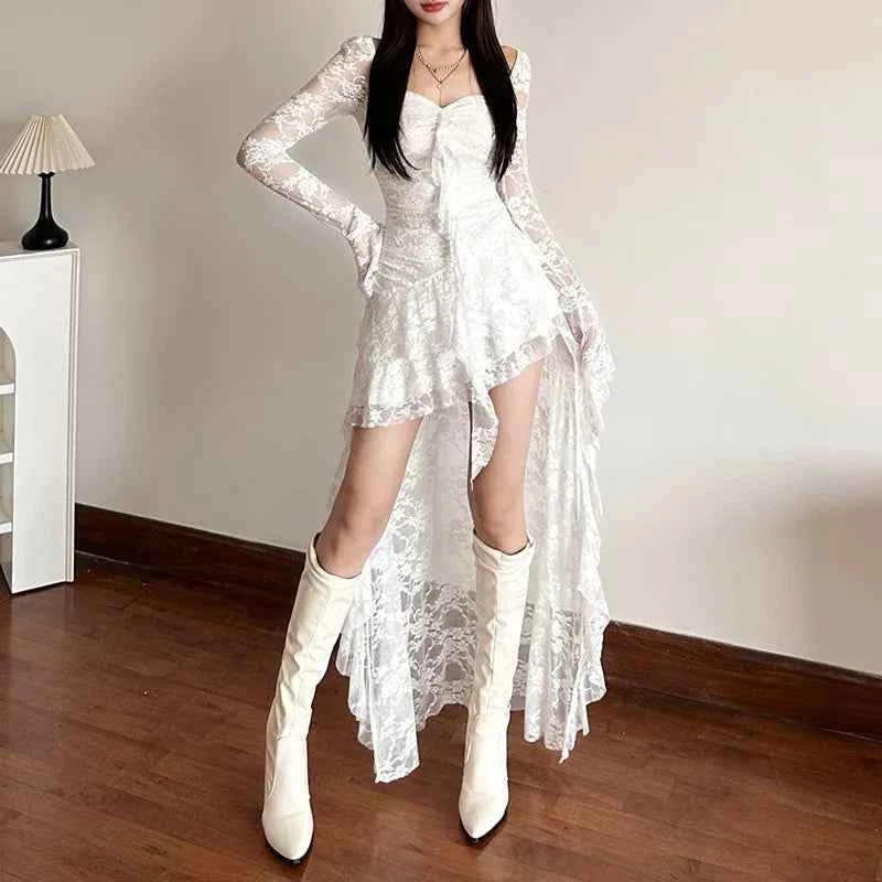 Goth Dark Fairycore Lace Flare Sleeve Square Neck A-line Dress Sweet E-girl Irregular Long Hem Dresses Cyber Y2K Party Vestido