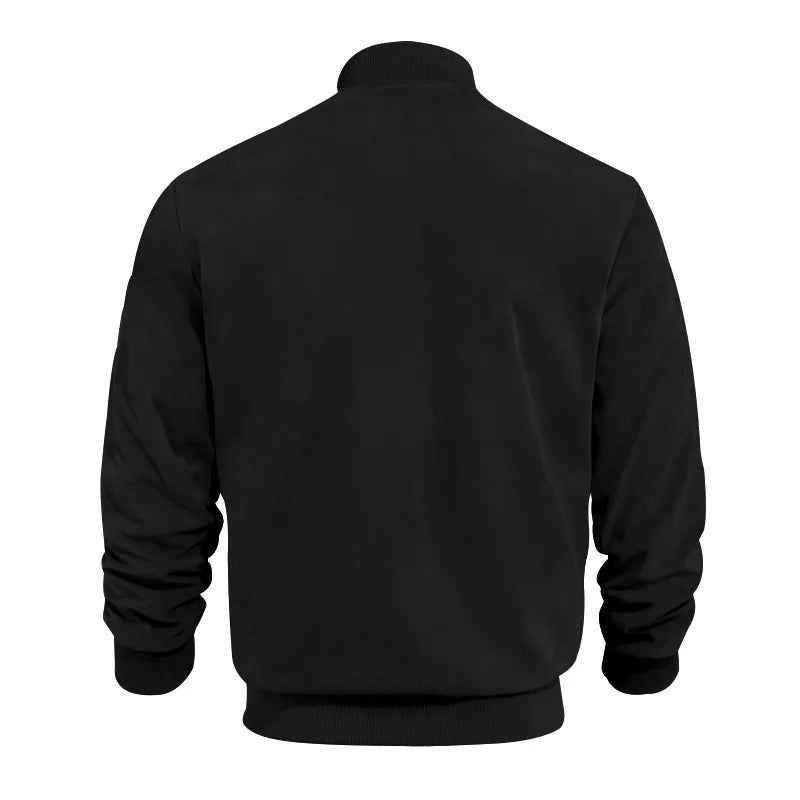 Men's Business Casual Suede Jacket Zipper Collar Warm Sporty Outerwear Polyester Fabric Long Sleeve round Hem Knitted Sleeve