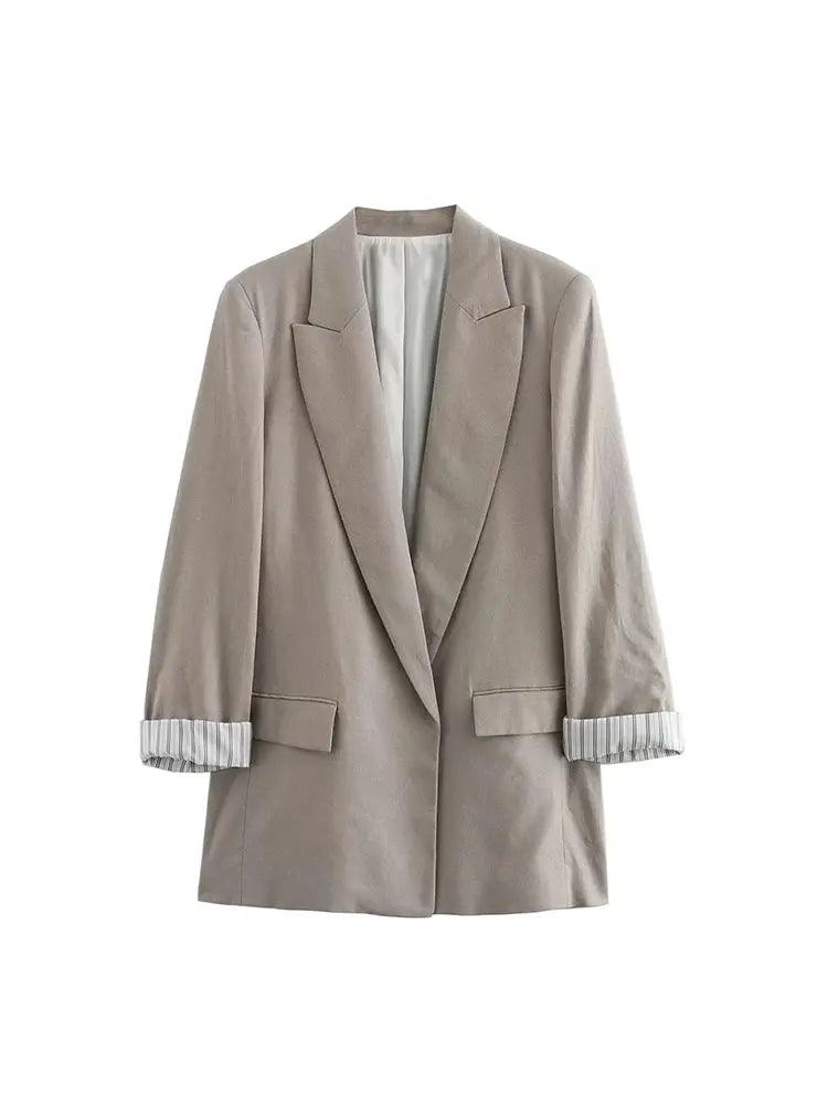 TRAF Spring Autumn Women Linen Blazer Jacket Casual Roll Sleeves Loose Versatile Pocket Decoration Suit Coat ﻿ - CRAVO ROSE