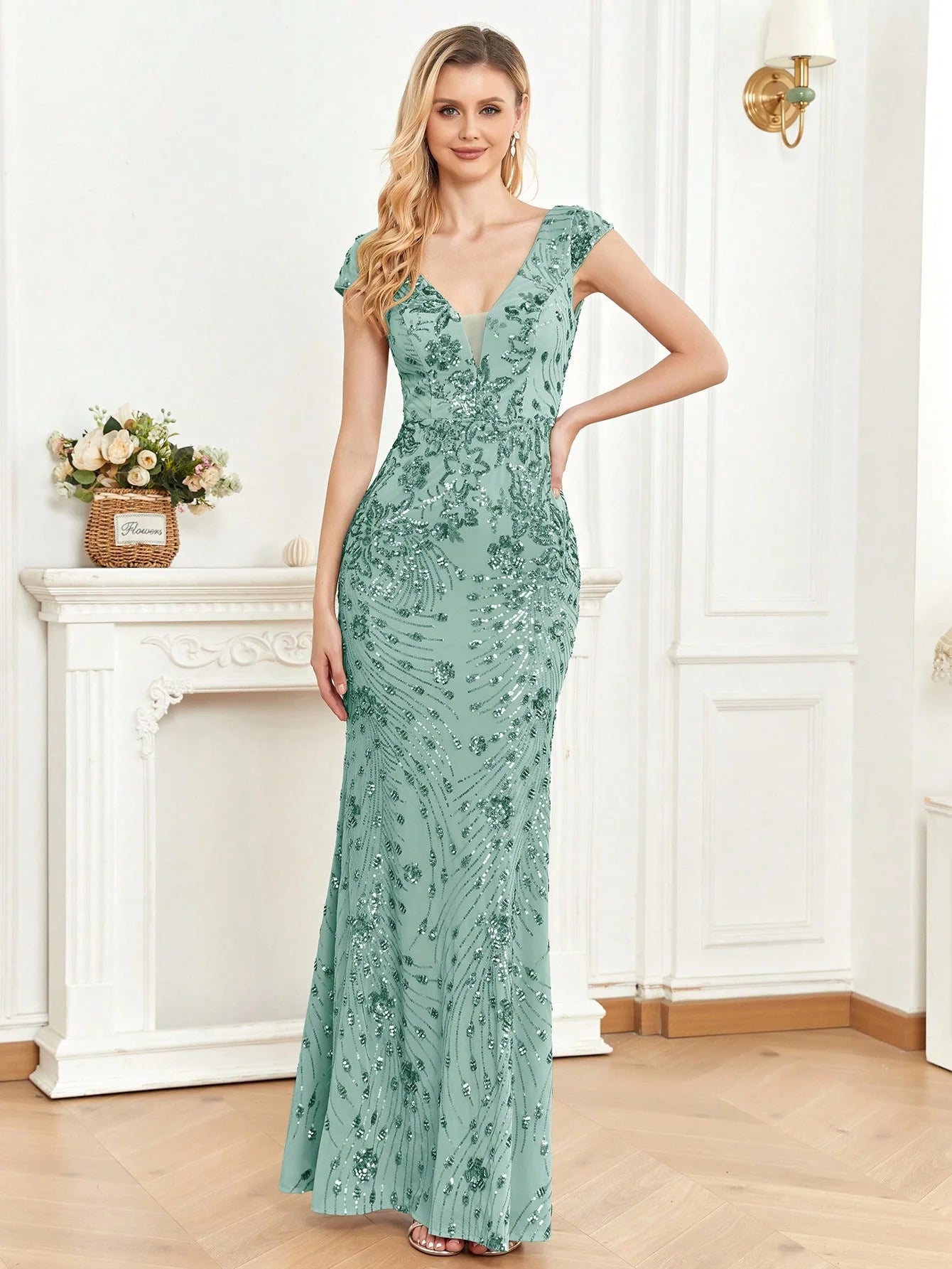 BLUEPLUM New Elegant Green SequinS Evening Dress Women Long Luxury Mermaid Formal Deep V-neck Prom Luxury Wedding Party Gowns