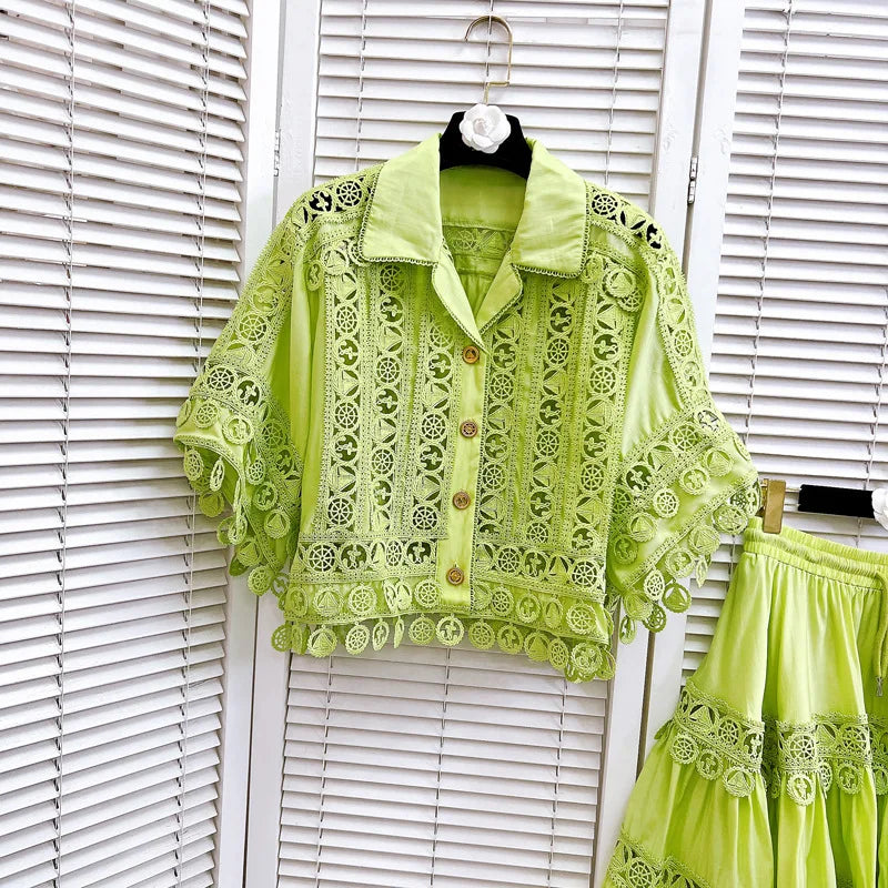 Luxury Hollow Out Dress Two Piece Set Women's 2025 Summer Holiday Embroidered Lace Jackets White Tops Pleated Short Skirts Suits