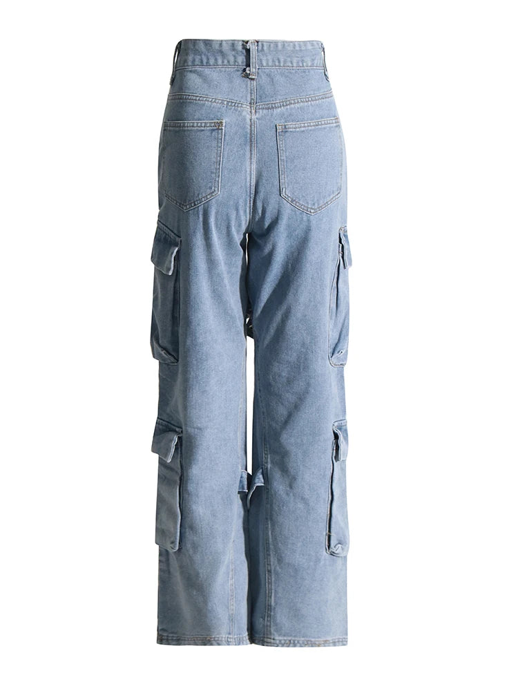TWOTWINSTYLE Calça jeans feminina folgada com bolsos e patchwork, casual, lisa, cintura alta, botão emendado, streetwear, cargo, jeans feminino