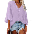 Blusa feminina de chiffon com costura de renda, decote em V, manga flare, blusa solta de verão, moda simples