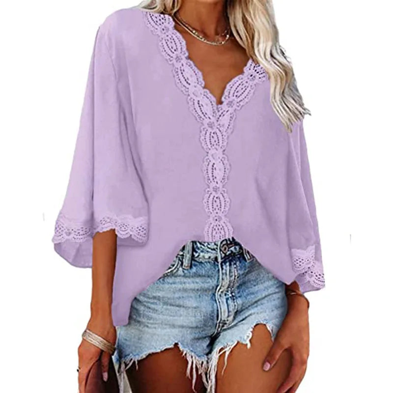 Blusa feminina de chiffon com costura de renda, decote em V, manga flare, blusa solta de verão, moda simples