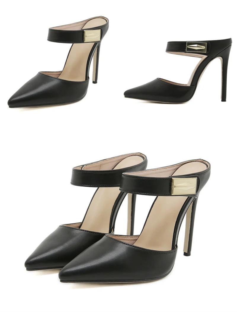 Scarpin Feminino Preto Salto Alto Fino com Detalhe em Metal Elegante