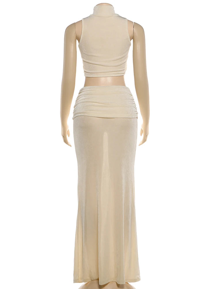 Kliou Elegant Chic 2 Piece Set Woman Turtleneck Beads Chain Decoration Irregular Crop Tops+Ruched Elastic Waist Long Skirt Suits