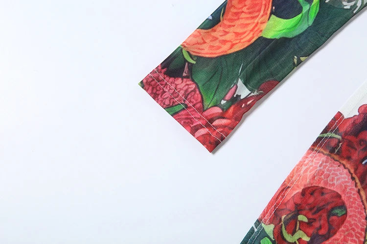 Kliou Colorful Flower Print Extended T-Shirts Woman o-Neck Full Sleeve High Waist Splits Hem Spring Trend Elegant Streetwear