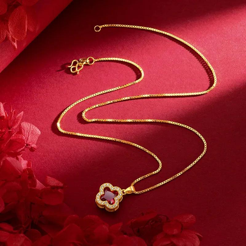 9999 real gold 24K yellow gold Light Luxury Micro Set Ruby Clover Necklace - CRAVO ROSE