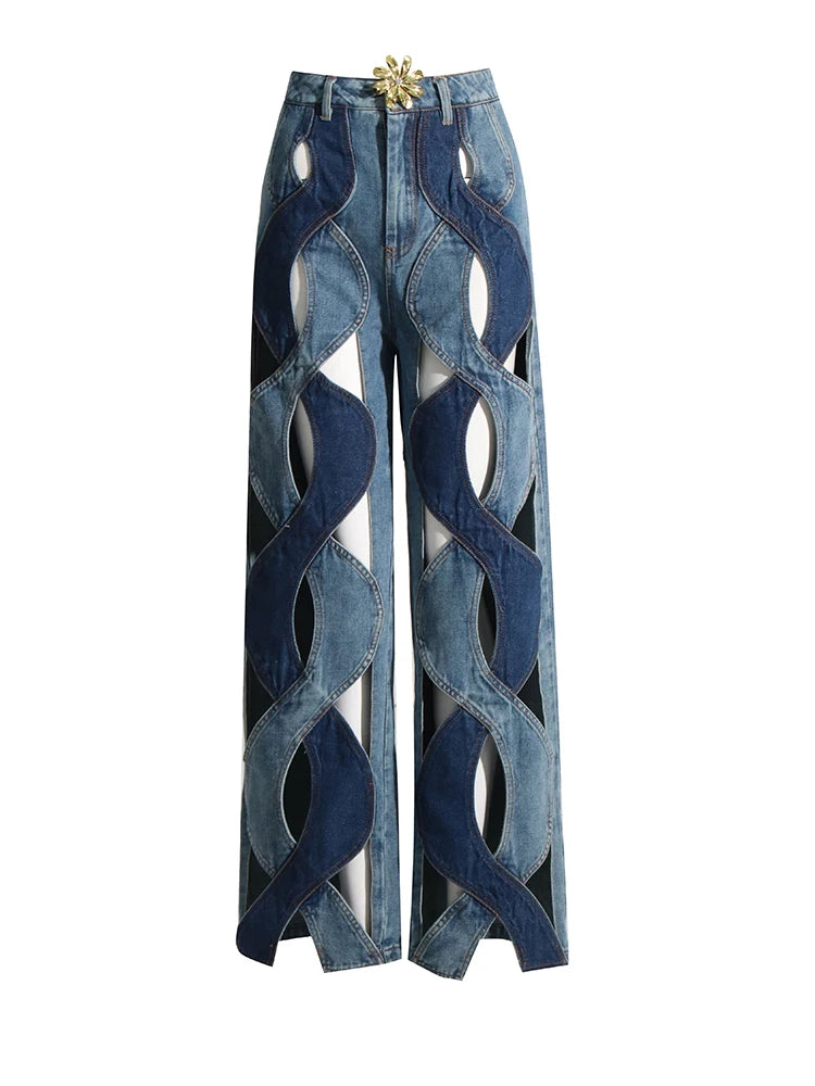 TWOTWINSTYLE Calça jeans feminina com zíper e patchwork, cintura alta, vazada, casual, perna larga, roupa feminina, nova moda
