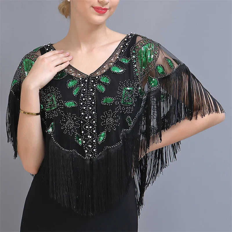 Summer Sequins Tassels Poncho Women Coat Party Outfits Cape Mesh Jacket Ladies Cloak Shawls Casaco Outerwear Wraps Woman Clothes