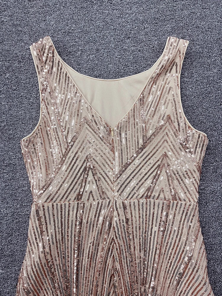 Vestido feminino de festa formal com decote redondo, lindo, ouro rosa, lantejoulas, saia longa de sereia, vestido de noite, vestido de coquetel