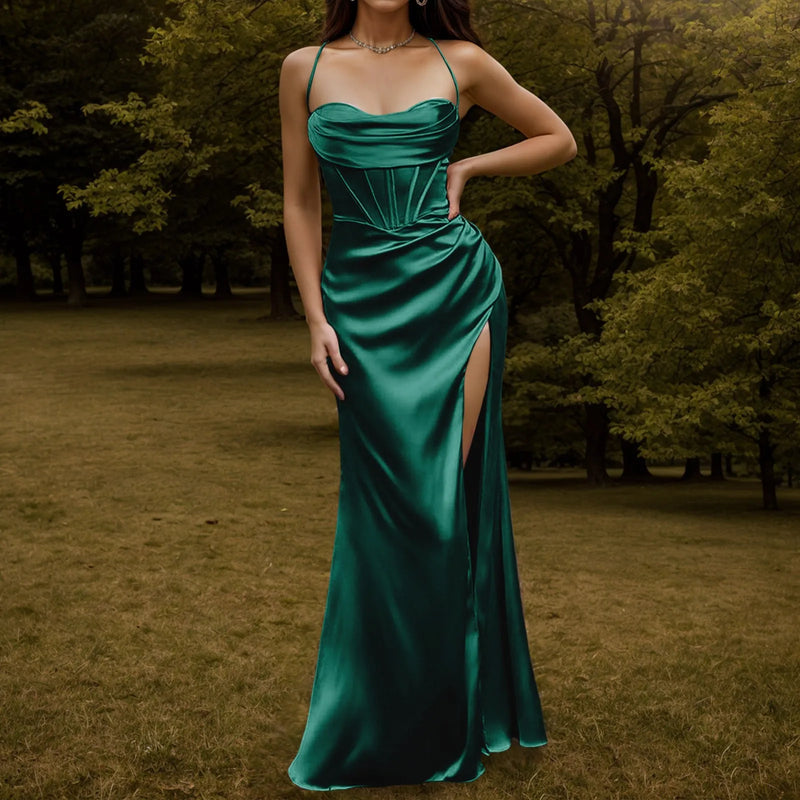 Women Sexy Satin Corset Maxi Dress Silky Strap Push Up Fishbone Ruched Evening Party Long Dresses Chic Elegant A-Line Dress