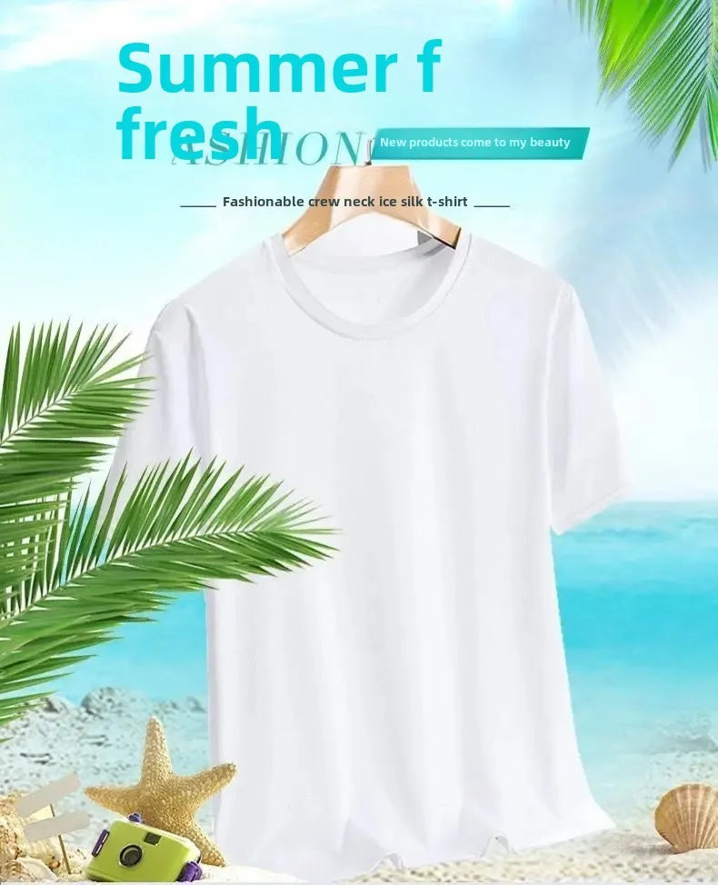 Camiseta masculina de manga curta, de seda gelada e secagem rápida, nova malha respirável, ajuste solto, gola redonda, camisa esportiva casual para o verão