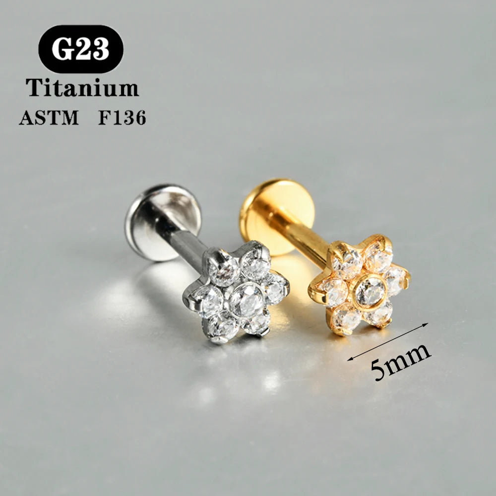 1PC ASTM F136 Titanium Zircon Flat Back Earring Flower Ear Studs Lobe Helix Tragus Cartilage Piercing Jewelry 16G