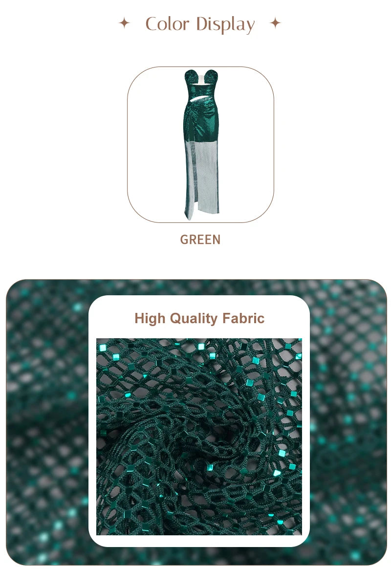 VC Glamorous Strapless Green Sequin Maxi Dress with Corset Style Bodice and Slit Party Evening Gown
