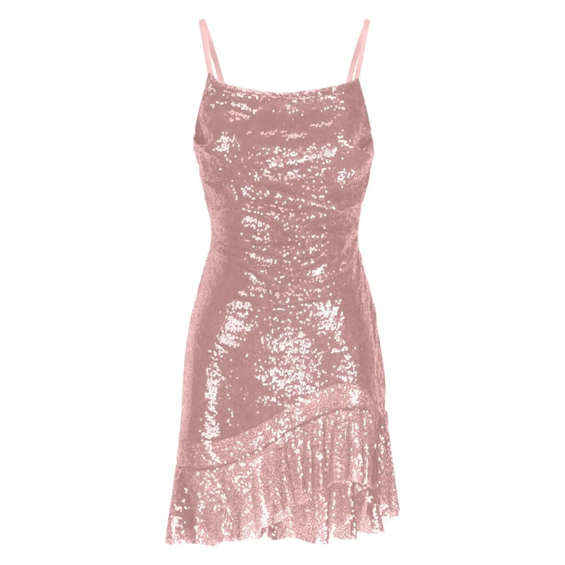 Sexy Slim Fitting Fashion Solid Color Sequin Back Cross Tie Ruffle Edge Sleeveless Suspender Irregular Hem Pleated Party Dress