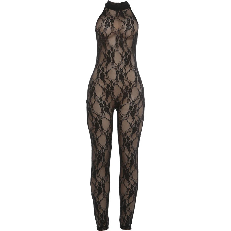 Weird Puss See through Backless Jumpsuit Women Sexy Wild Jacquard Bandages Halter Sleeveless Stretch High Street Party Clubwear