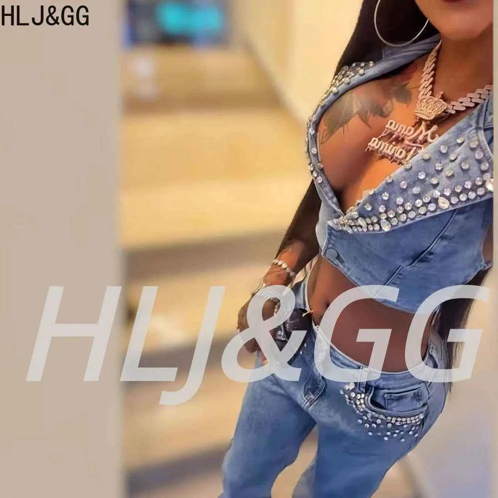 HLJ&GG Blue Fashion Denim Rivet Double-breasted Sleeveless Coats Women Lapel Slim Cowboy Vest Autumn New Tops Streetwear 2025