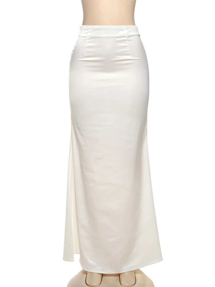 Trendix Elegant Satin Skirts And Vest Suits Women French Vintage Lace Tube Top High Waist Maxi Skirt 2 Piece Sets Womens Outfits