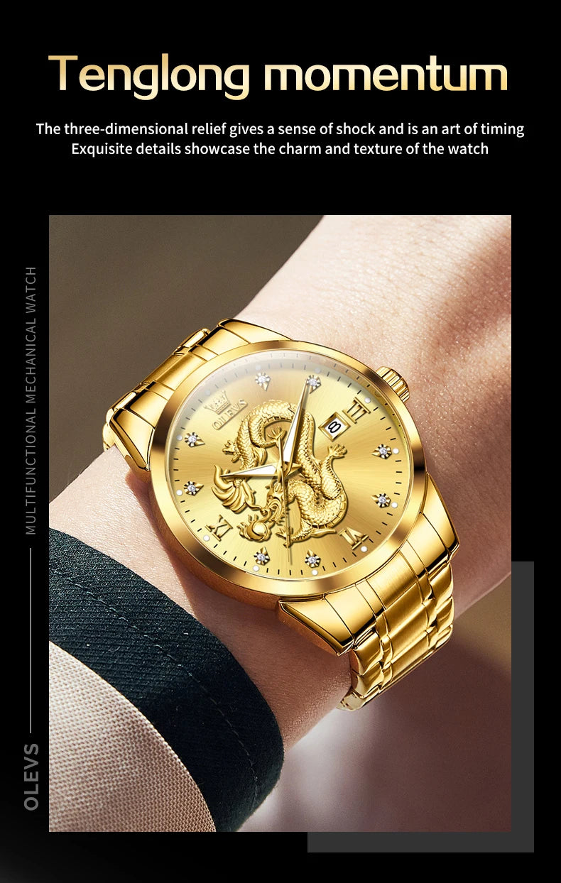 OLEVS Men's Watches Top Brand Fashion Original Quartz Watch for Man China Loong Dragon Dial Waterproof Luminous Date Olevs 3619