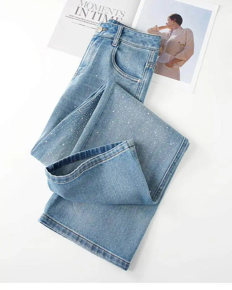 High Waist Wide Leg Denim Jeans Women's Spring 2026 New Style Glittering Star Explosion Nine Point Straight Cut Diamond Embel...