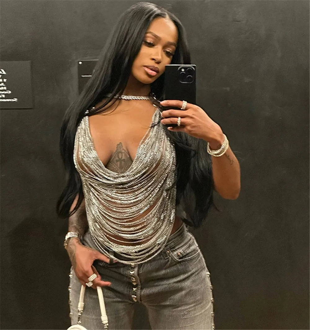 Women Metal Chain Tassel Tank Top Sexy Deep V Neck Backless Hollow Out See Through Crop Top Body Chain Party Club Camisole
