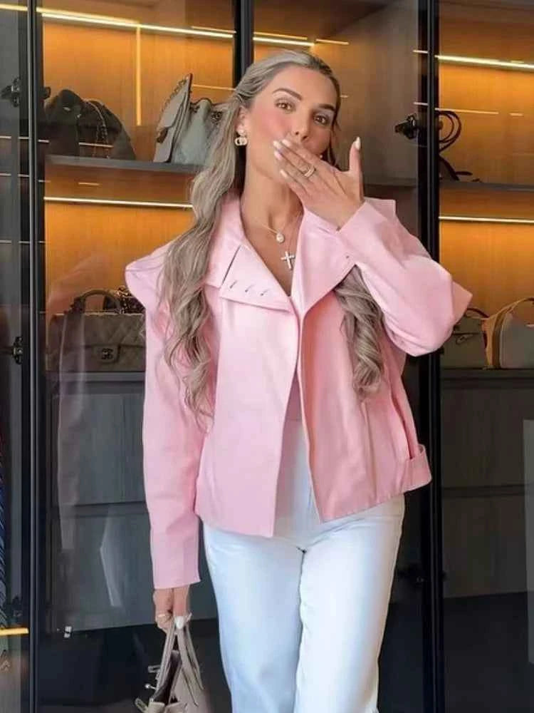 TFMLN Women Pink Stand-up Collar Jacket 2026 Trendy High Street Elegant Single-breasted Loose Coat Female Chic Outerwear ﻿