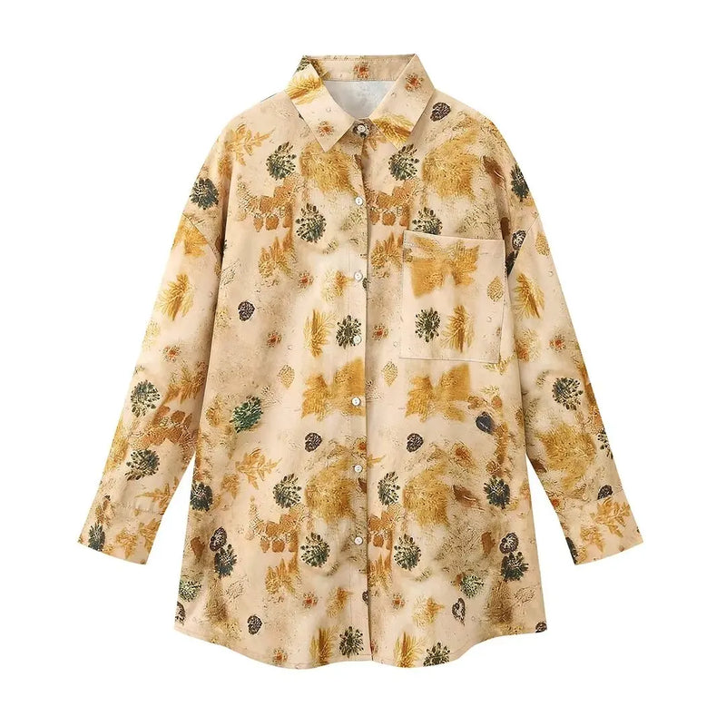 TRAF Women Fashion Set Print Turn-Down Collar Long Sleeve Single Breasted Shirt+Elastic Waist Drawstring Loose Pant Female Suits