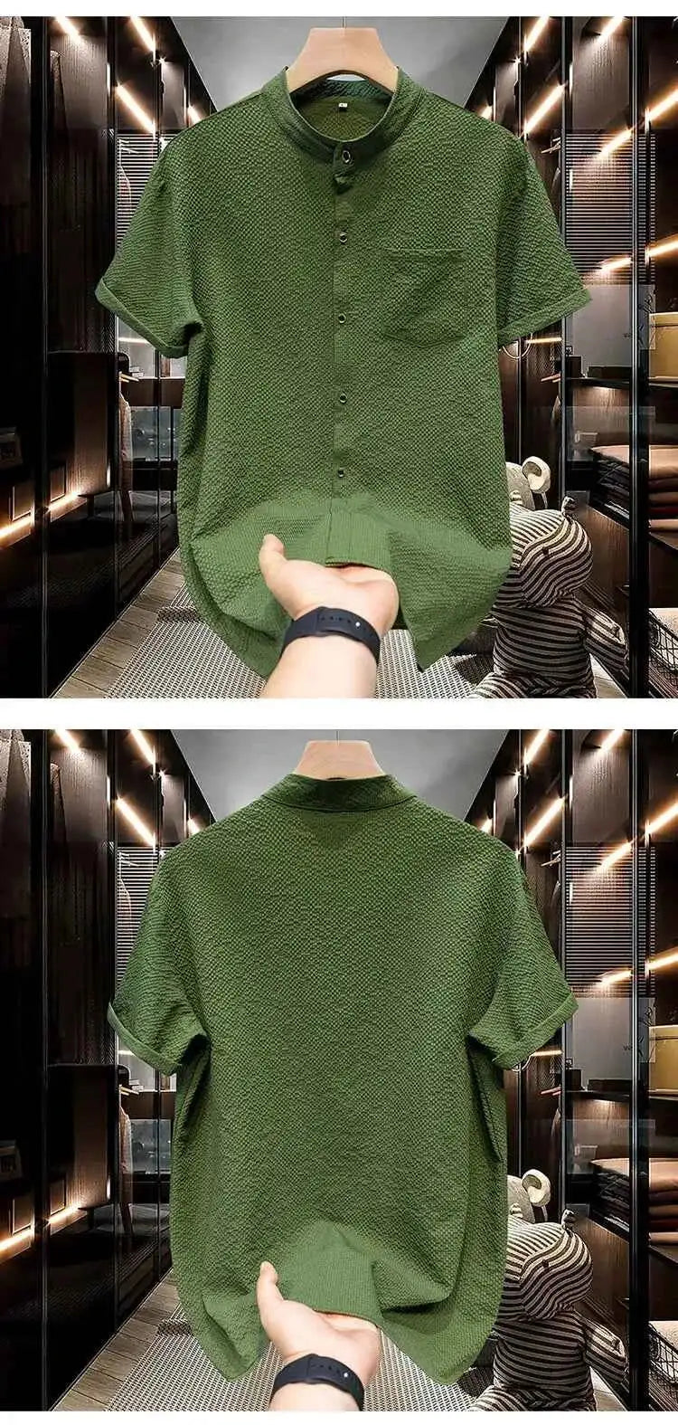 M-5XL Summer Men's Shirt Short Sleeved with Bubble Gauze Textured Fabric Thin Quick Drying Stand Up Collar Short Sleeved Shirt