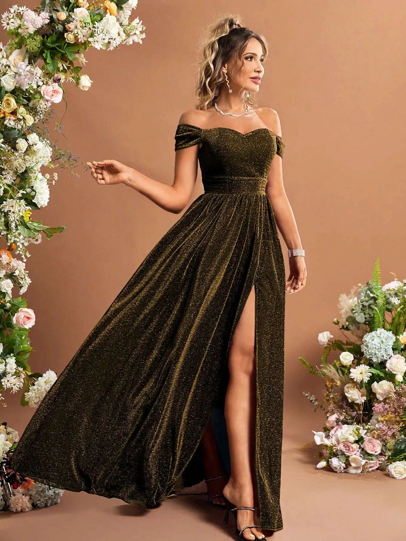 Off Shoulder Split Thigh Glitter Dress