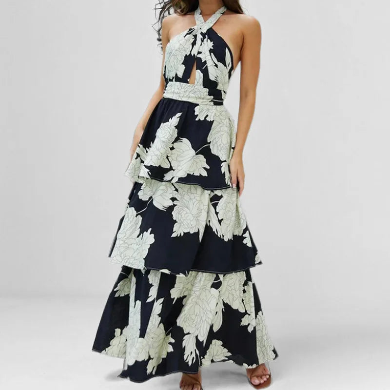 2025 Summer Fashion Printed Long Dresses Woman Sexy Sleeveless Cross Halter Hollow Shoulder Backless Dress Elegant Party Dresses