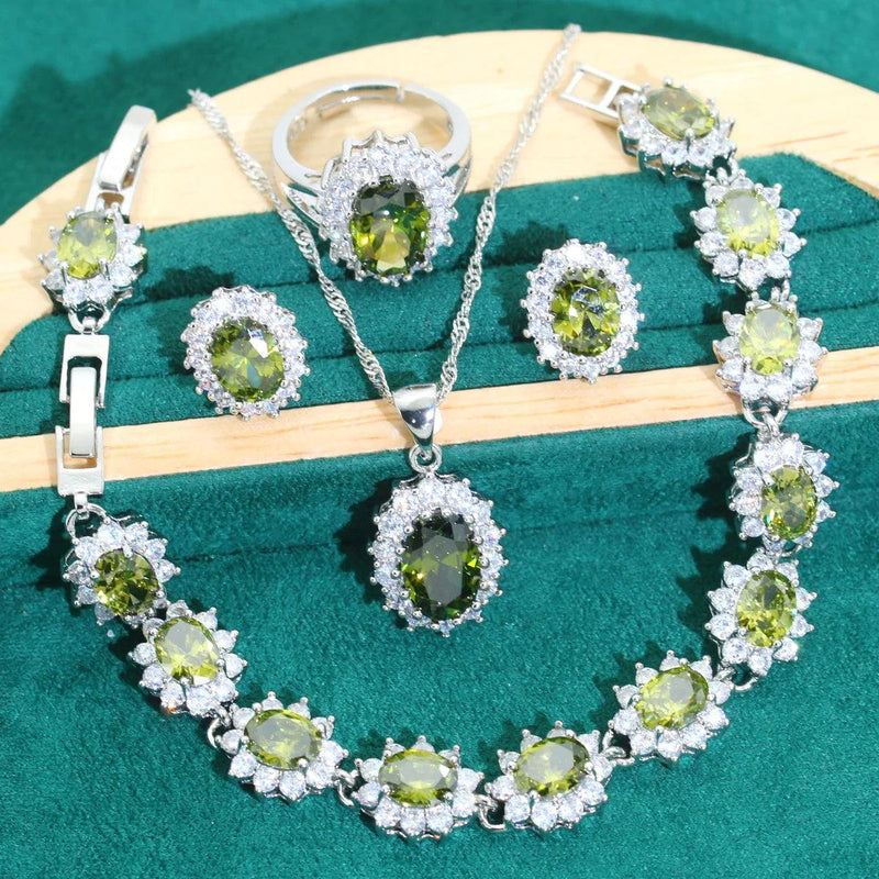 Luxurious 925 Silver Jewelry Sets For Women Olive Green Blue Zircon Earrings Necklace Pendant Open Ring Bracelet Dating Gifts - CRAVO ROSE