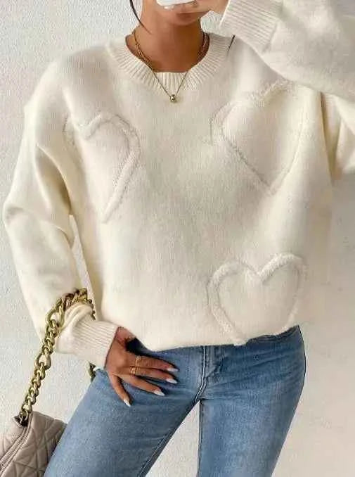 Women's Oversize Knitted Sweater round Neck Heart Patchwork Valentine's Day Theme Autumn Winter Fashion Simple Style Top